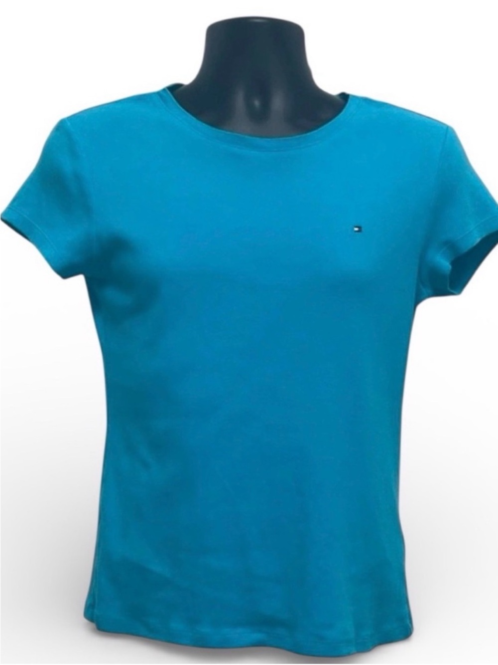 Tommy Hilfiger Women’s L Aqua Blue 100% Cotton Logo Crew Neck Tee